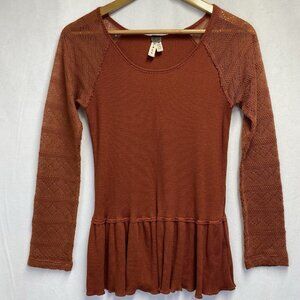 We The Free Eyelet Lace Long Sleeve Waffle Knit Peplum Top Women Small Orange